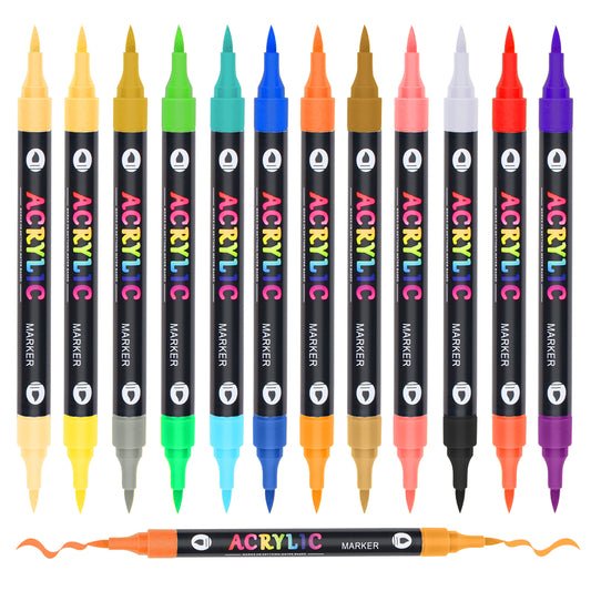 24 Colors Acrylic Paint Markers with 12 Dual-Color Brush Tips