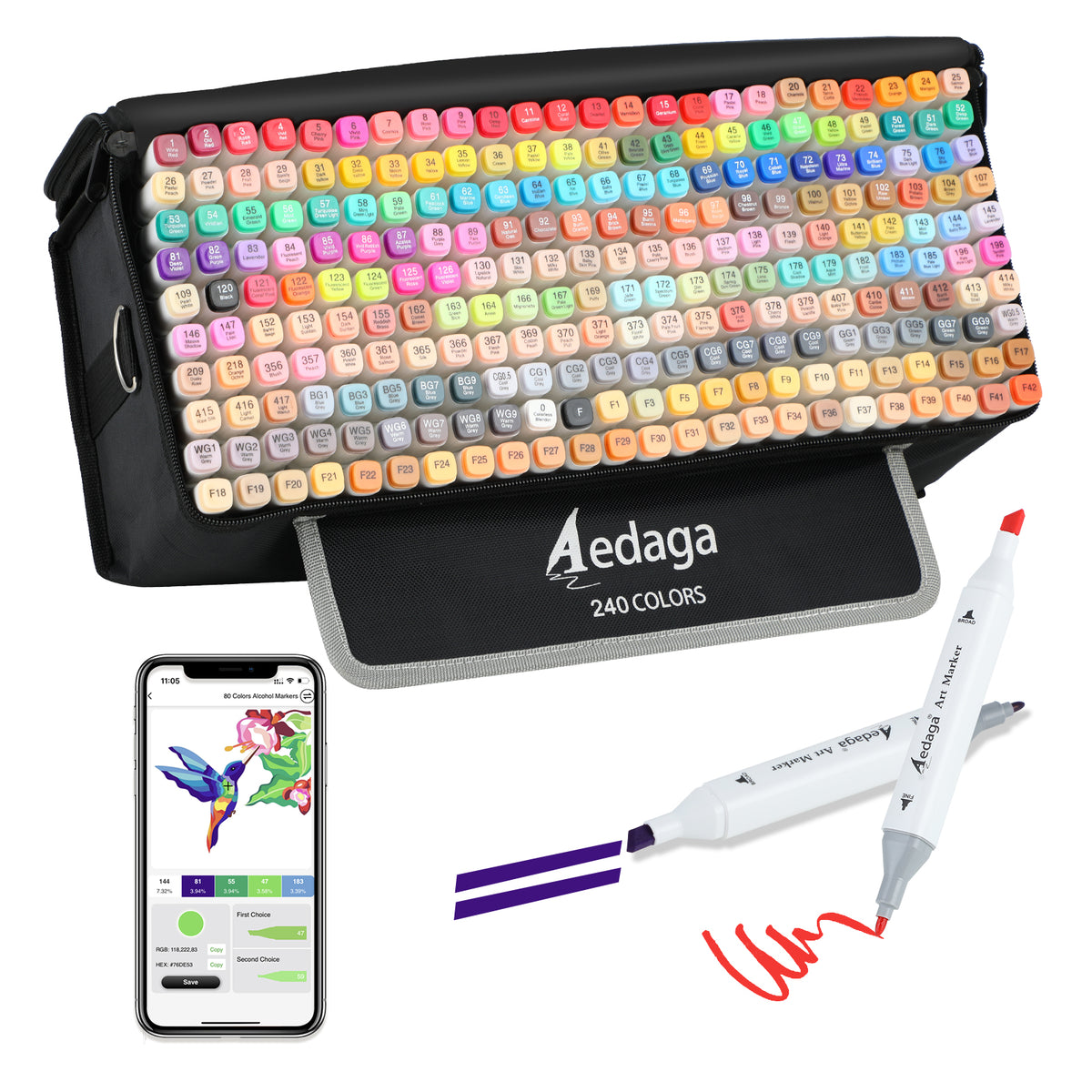 Aedaga 240色アルコールマーカー（無料アプリ付き）